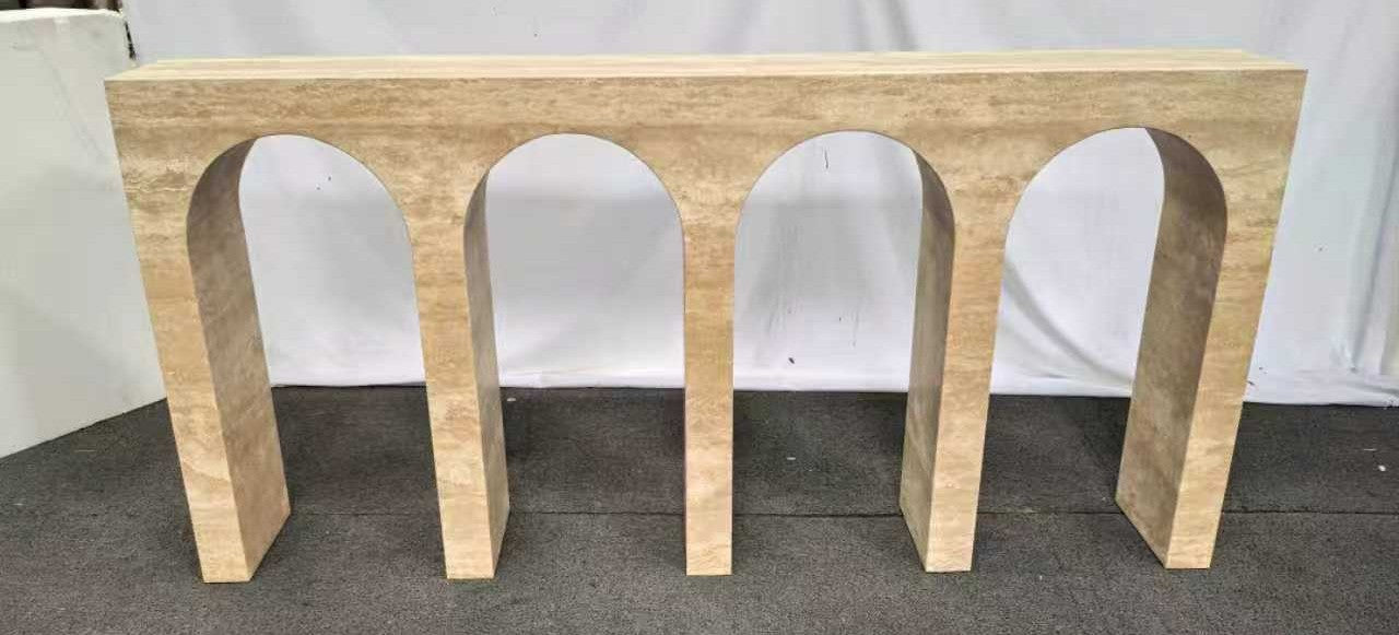 Custom Beige Travertine Arch Console Table